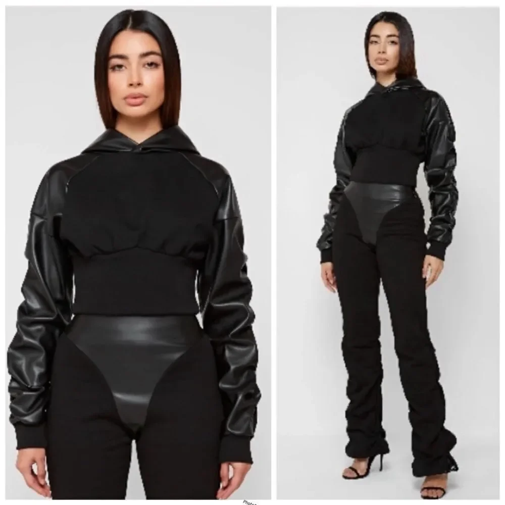 Maniere De Voir Black Jogger Faux Leather Trim Pants with Drawstring Ankle SZ 10